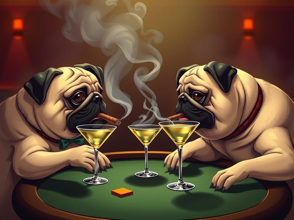 pugs playing poker smoking cigars and drinking martinis, epic masterpiece, comedic, cartoony, cute, fluffy, furry, dynam...
