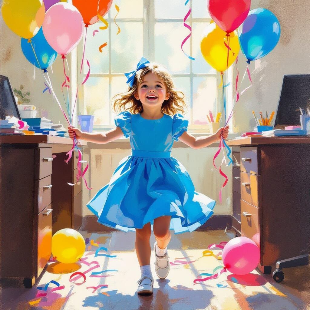 Girl's Surreal Office Birthday in Impressionist Realism Styl...