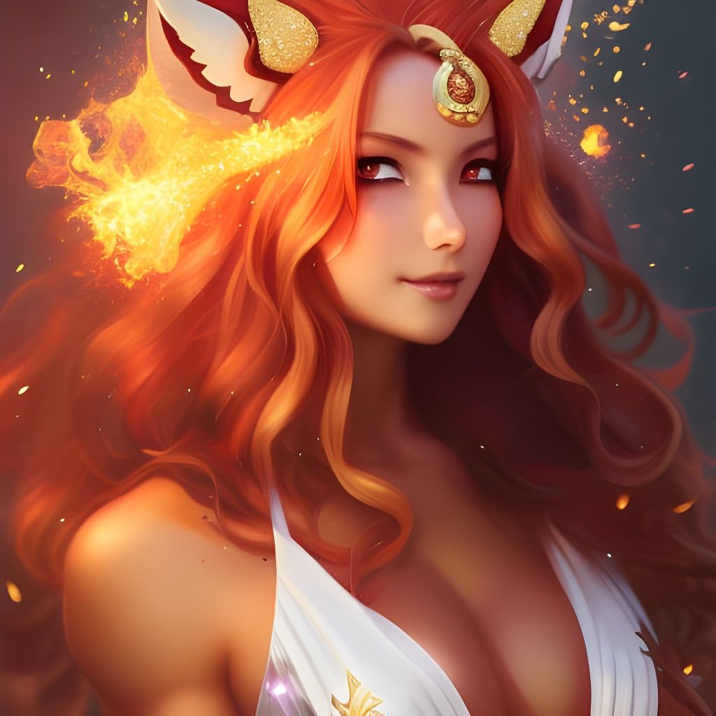 Anime Fox Waifu with Crystals and Flame, Hyperdetailed Art