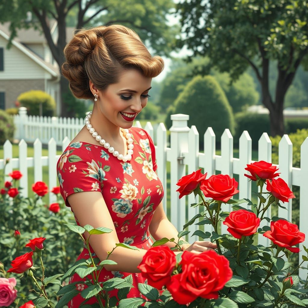 1950s Housewife Tending to Vibrant Roses in a Suburban Garde...