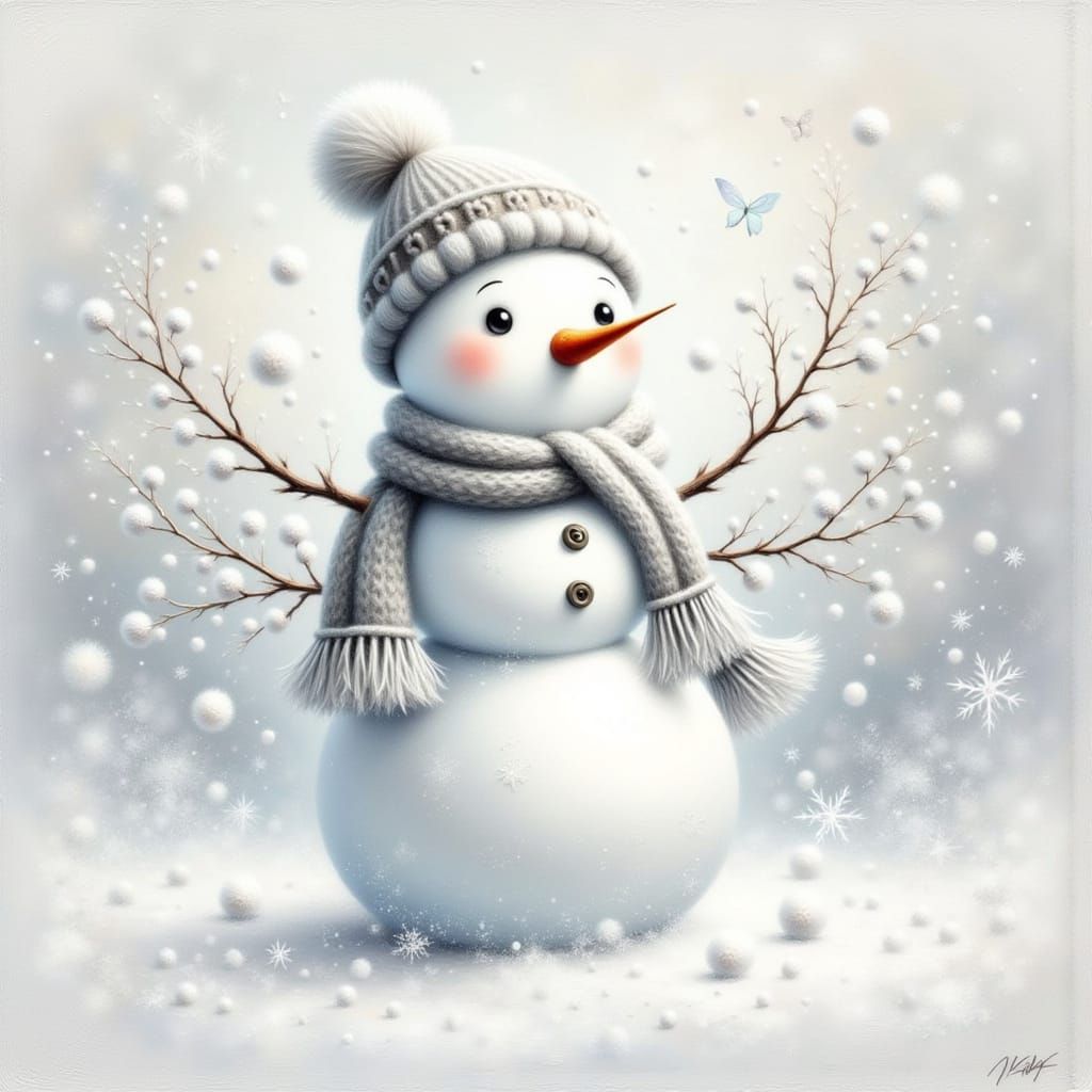 Snowman with Silver Scarf in Frosty Oil Painting