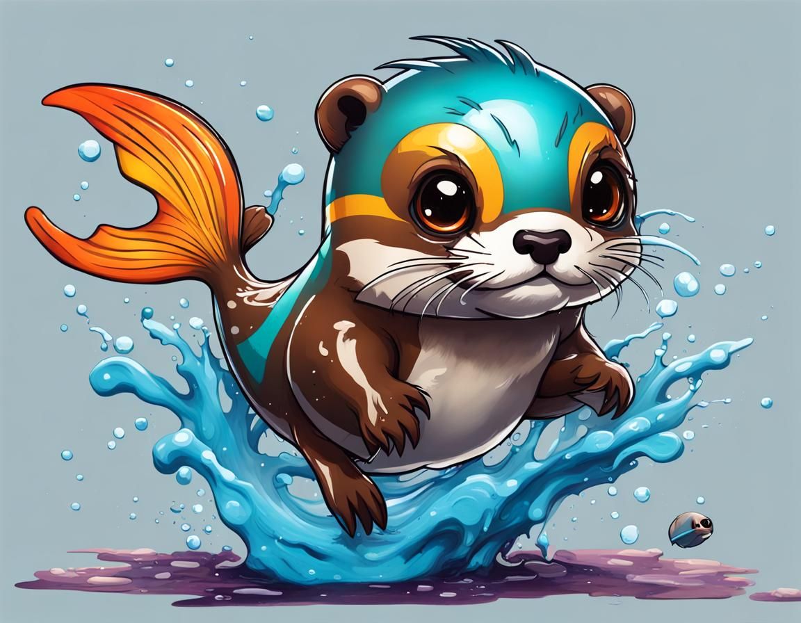 Chibi Otter Leaping from Waterfall, Graffiti Art