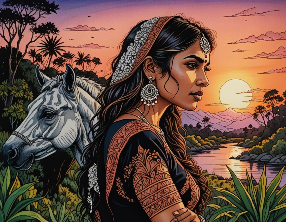 Vibrant Indian Woman in Sunset Jungle Scene, Created with Al...
