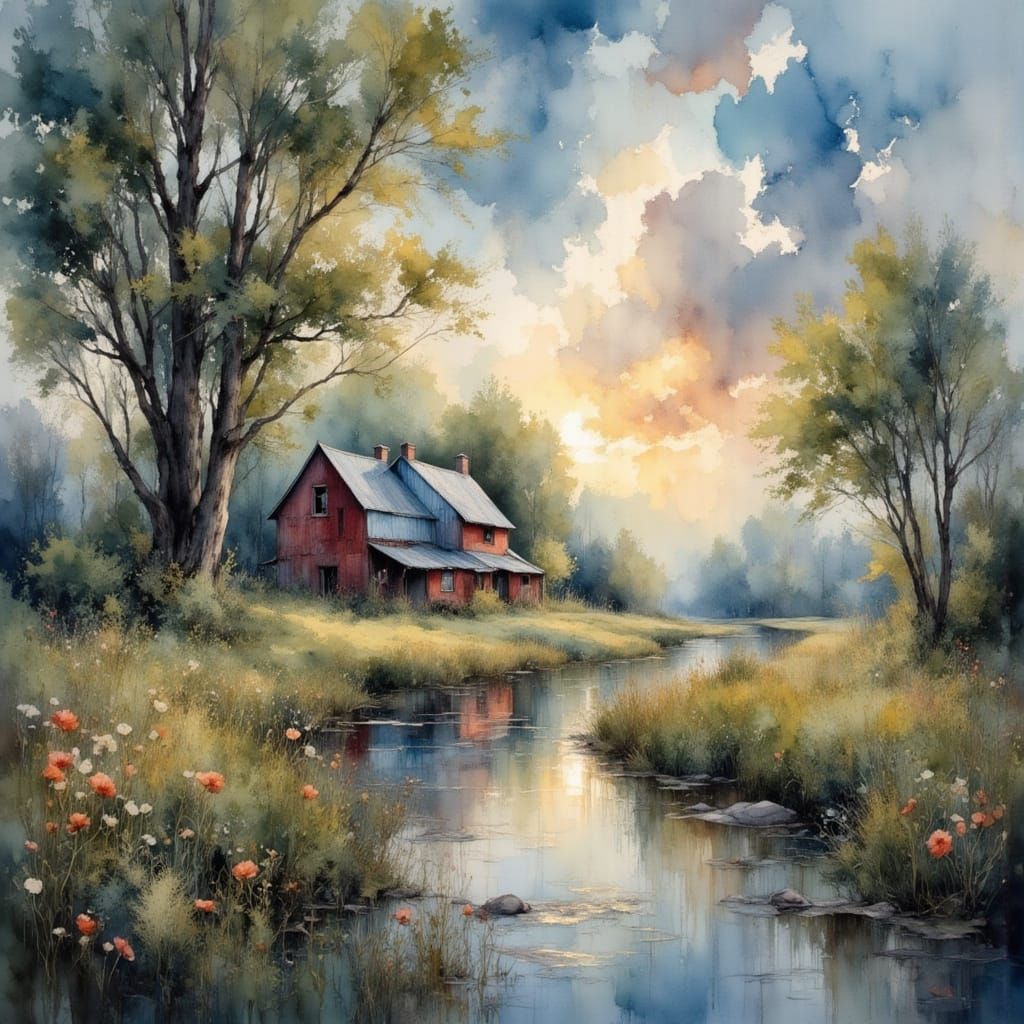 Farmhouse Landscape Under Dramatic Skies