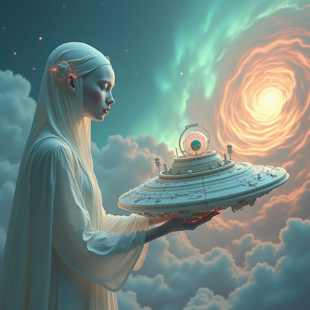Ethereal Beings Crafting Planets in White Spaceship