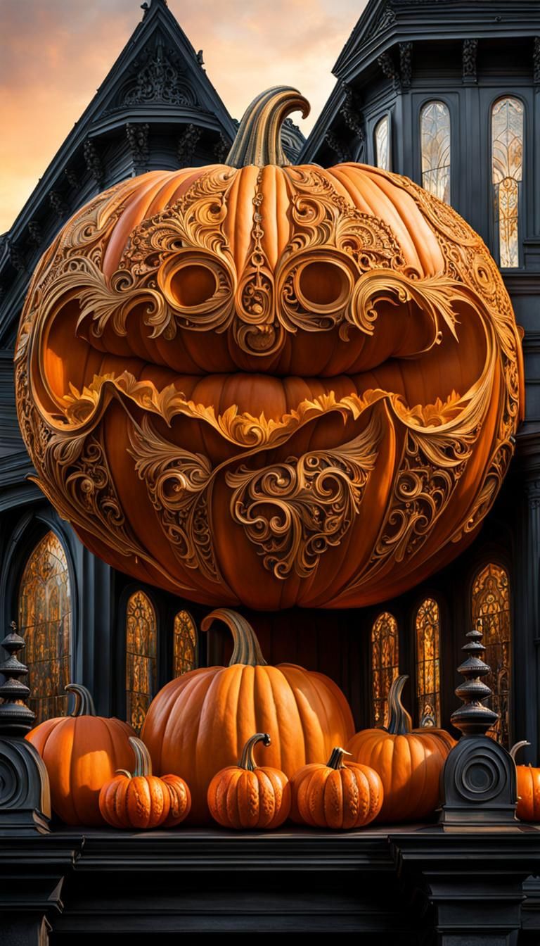 Detailed Carved Pumpkin on Gothic House Porch