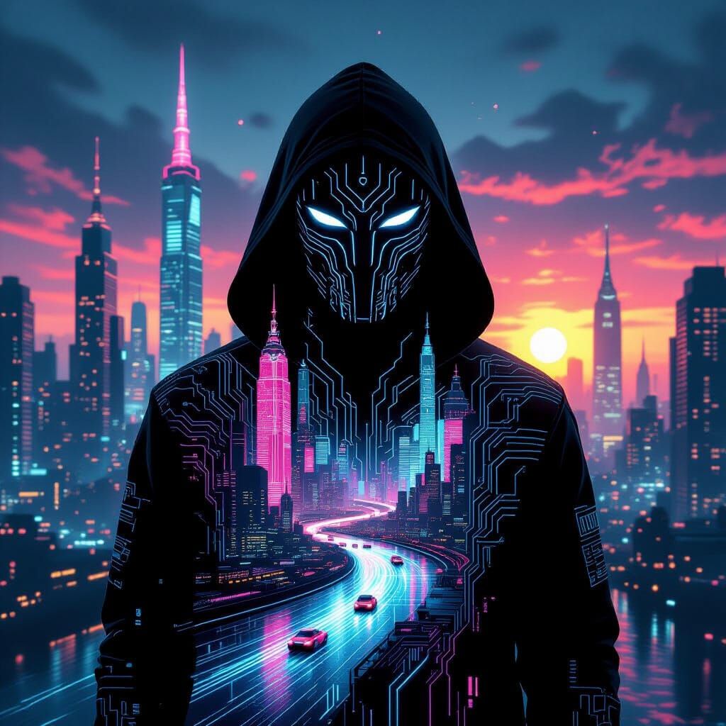 Cyberpunk Vigilante Double Exposure with Cityscape