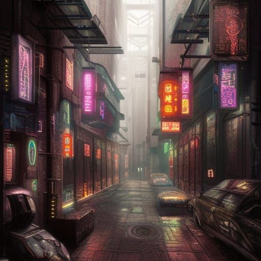 cyberpunk dark alleyway lit only by neon signs