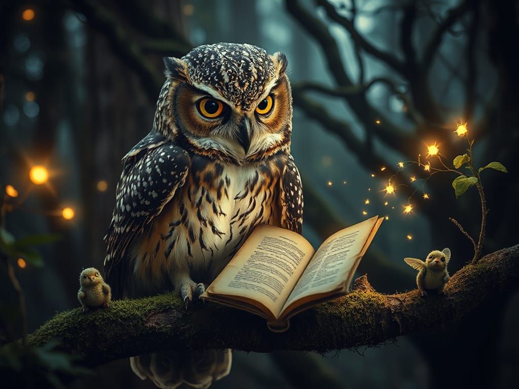 Regal Owl Recites Poetry to Forest Sprites in Dark Fantasy S...
