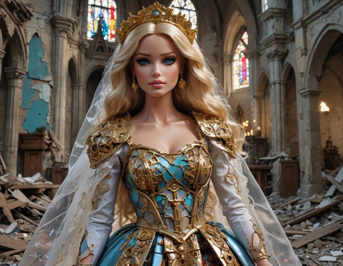 Post-Apocalyptic Barbie in Ruined Church, Acrylic Painting