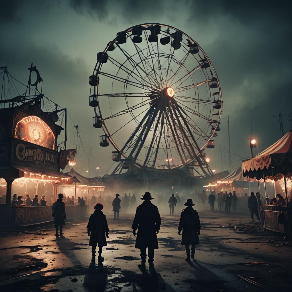 Eerie Abandoned Carnival at Night in Dark Fantasy Style