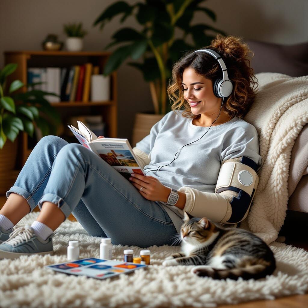 Cozy Disabled Woman Relaxing with Cat