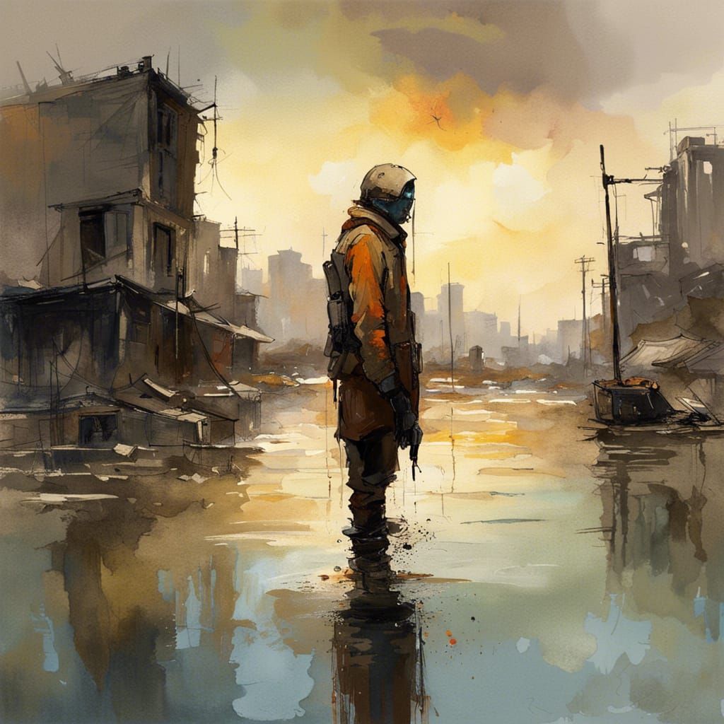 Dystopian Post-Apocalyptic Cityscape Under Surreal Sky