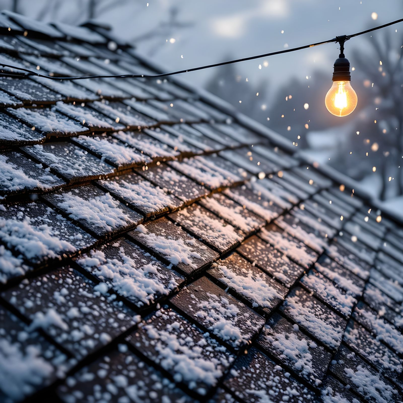 Close-Up of Snow-Covered Roof with Glowing Light Bulb