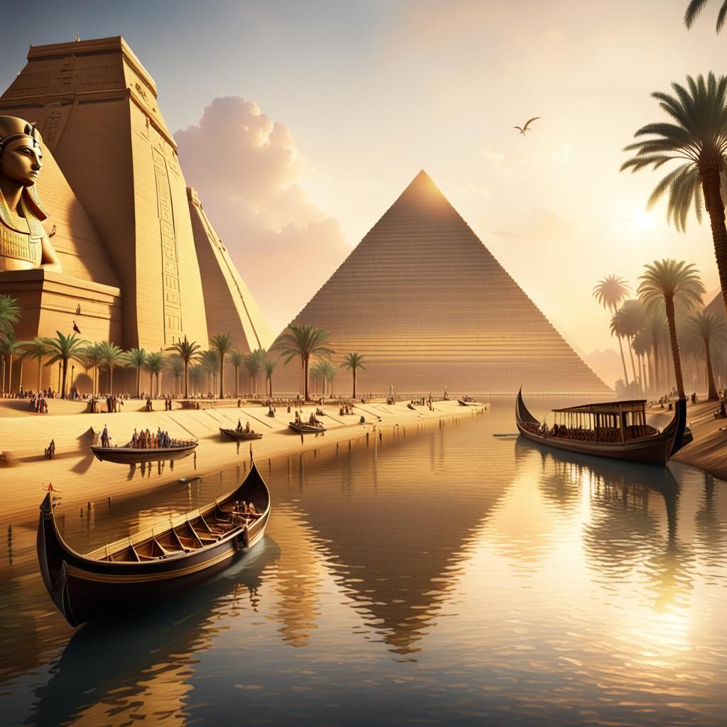 A photorealistic image of an ancient Egyptian landscape, fea...