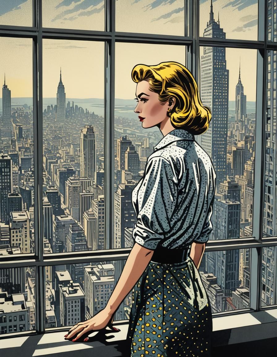 Woman Gazing at City in Comic Book Style