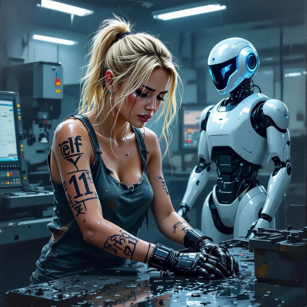 Distressed Woman Forced to Work by Futuristic Robot