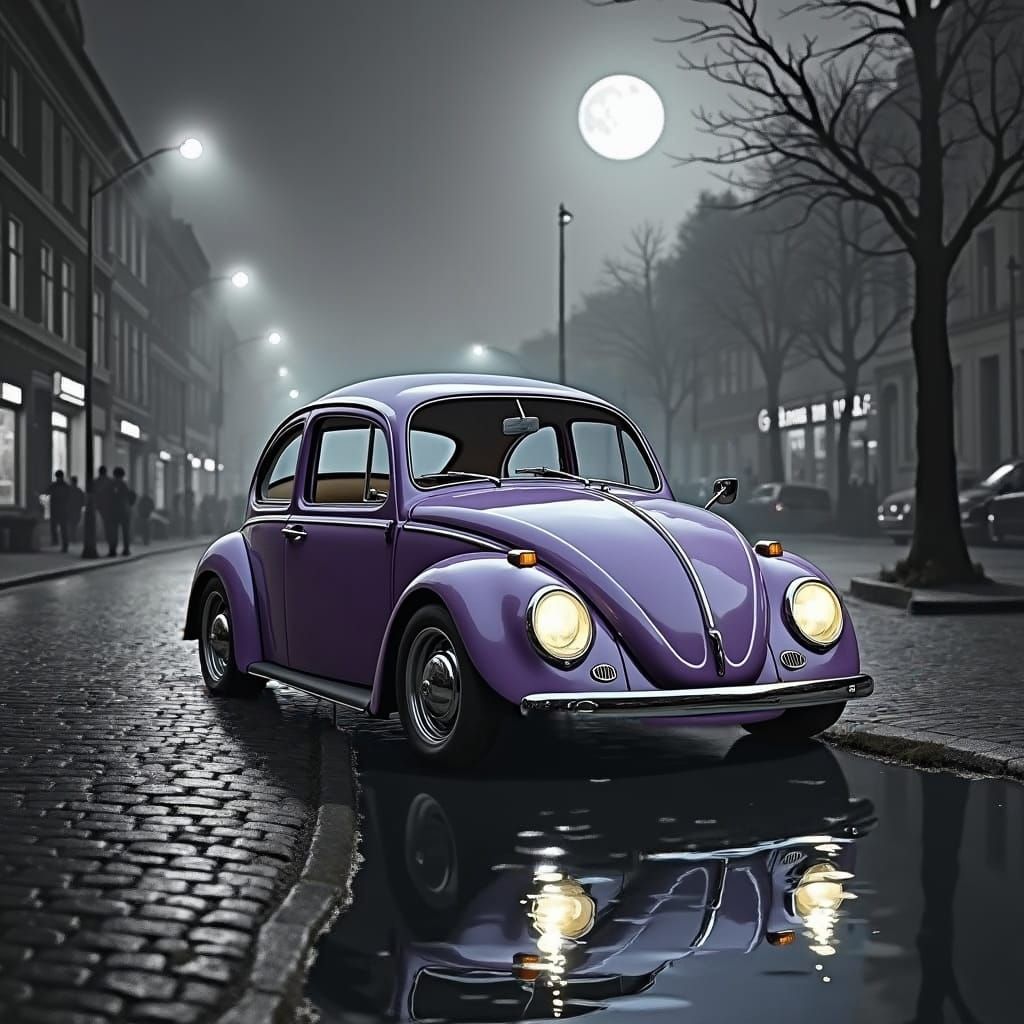 Purple VW Beetle in Rembrandt Inspired Oil Painting