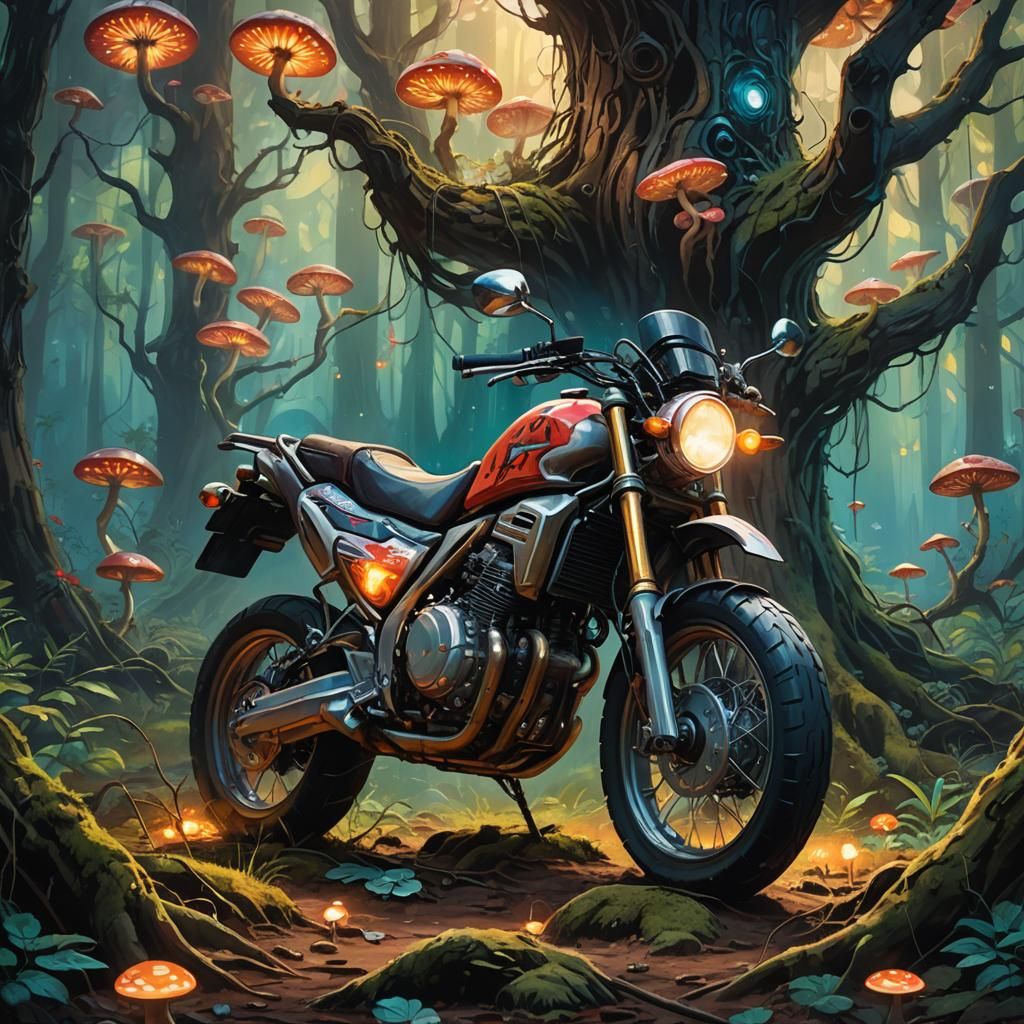 Honda Motorcycle in Mystical Forest: Oil Painting