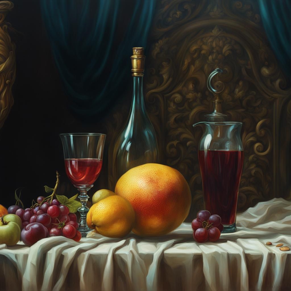 Detailed Fruit Basket Still Life Painting