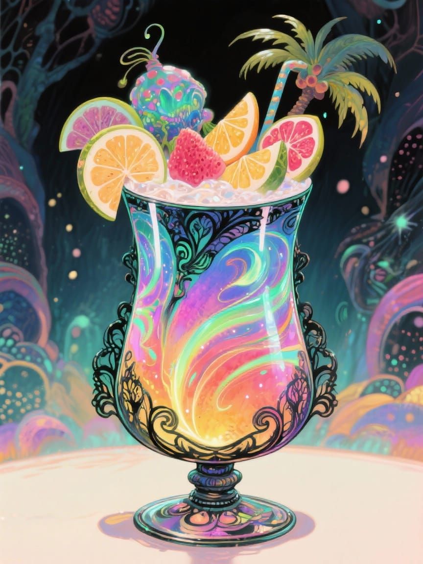 Ornate Tropical Drink with Bioluminescent Swirls
