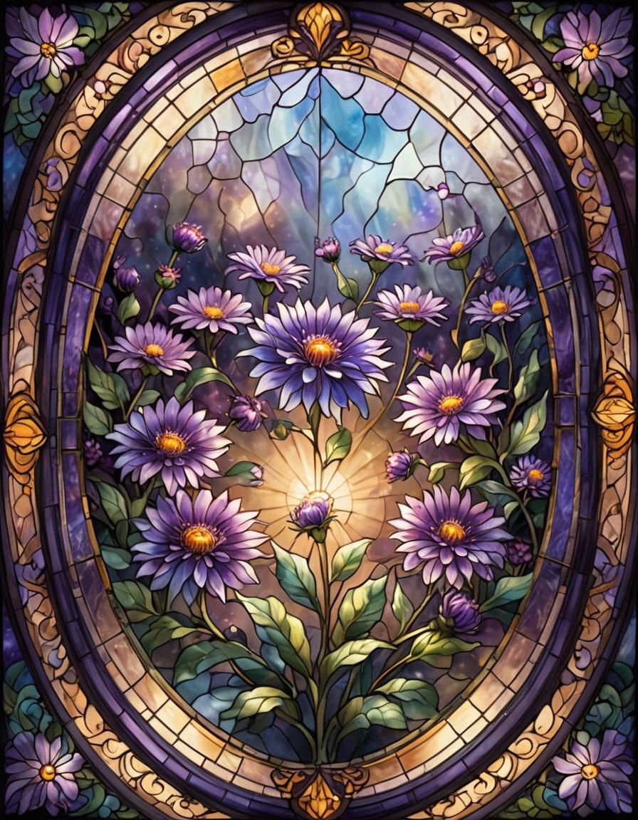 Stained Glass Aster Flower in Oval Frame