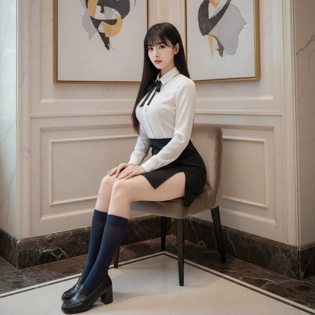 High School Girl in Tight Uniform Sitting in Hotel Lobby