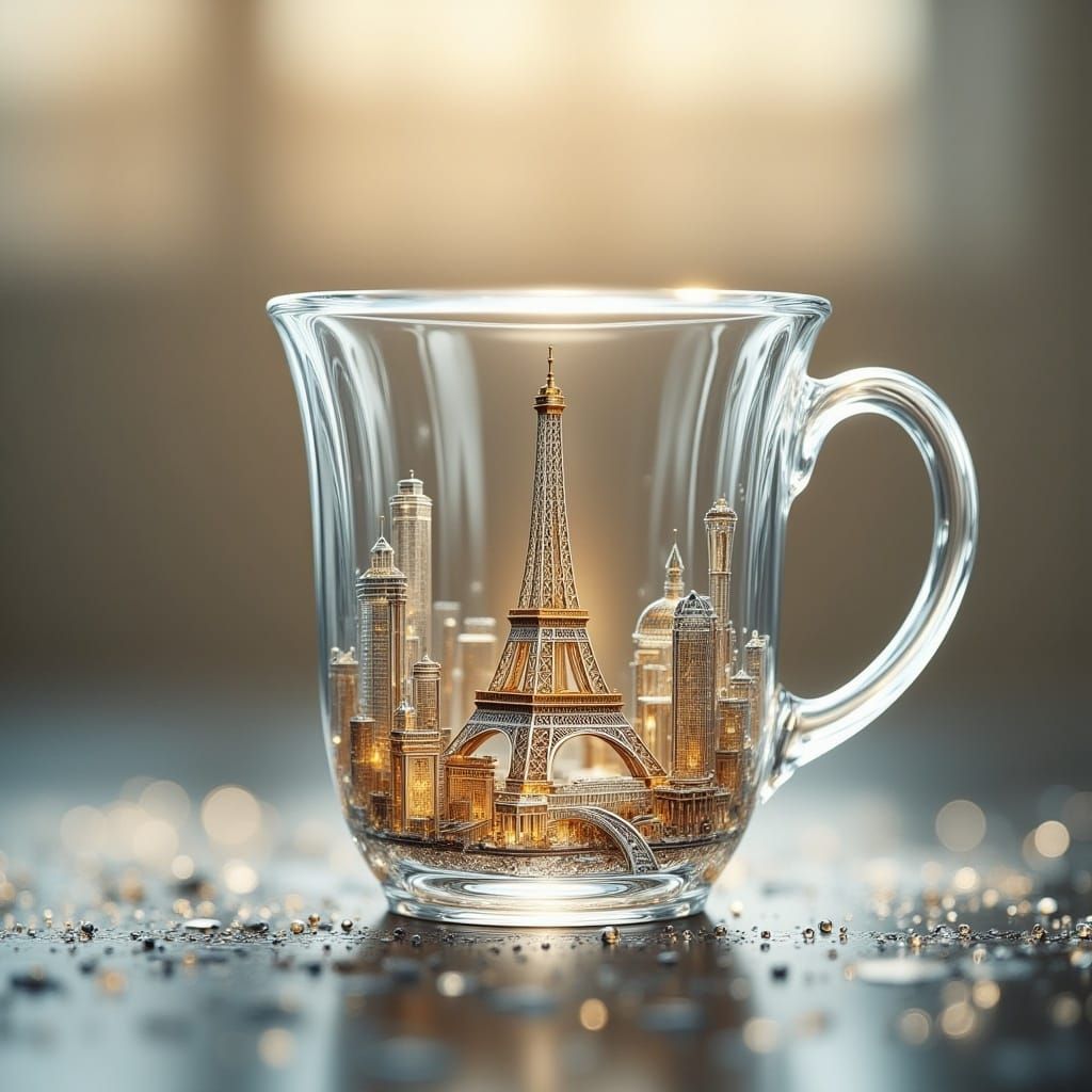 Eiffel Tower Miniature in Glass Cup, Surrealist Dreamscape