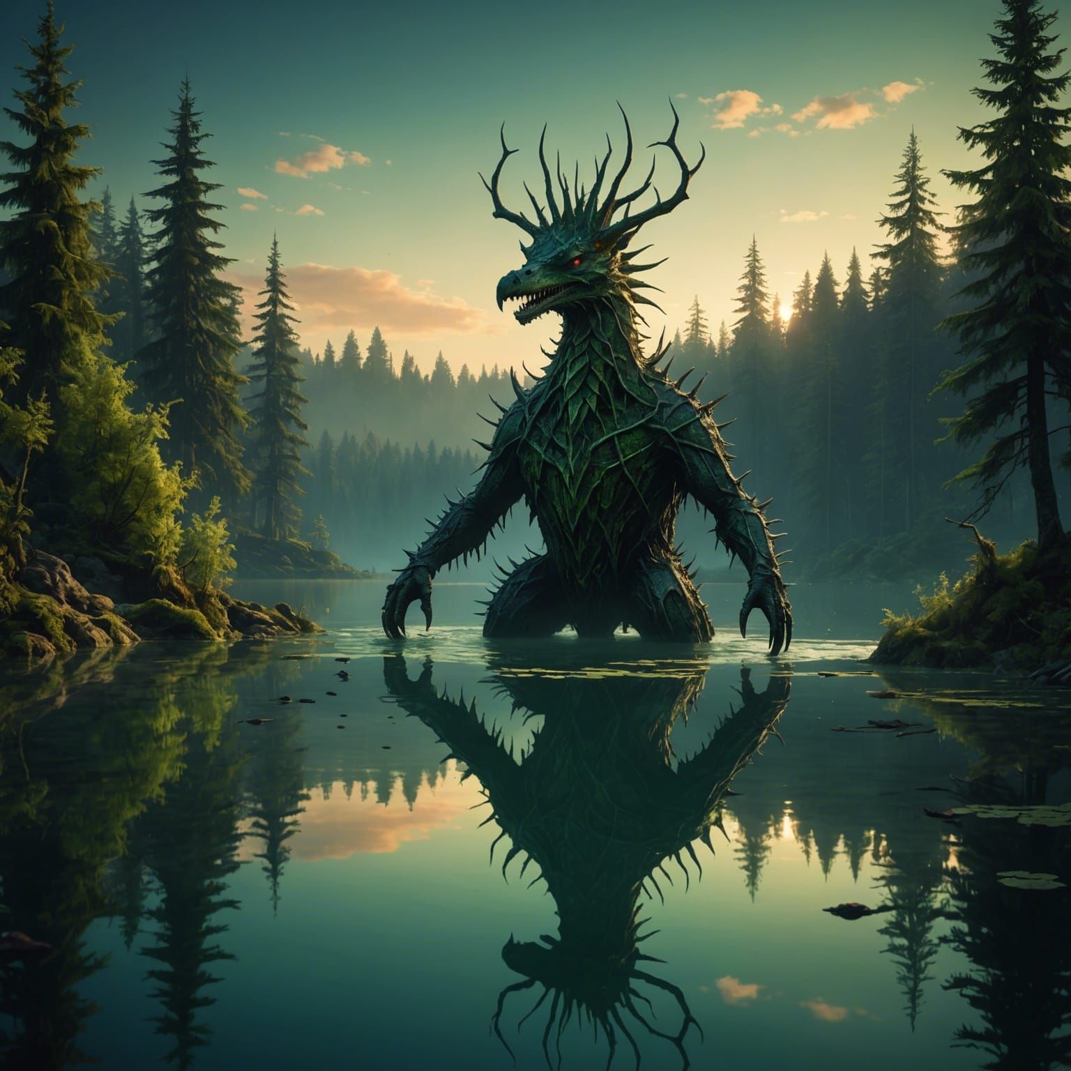 Mysterious Lake Creature in Spooky Forest