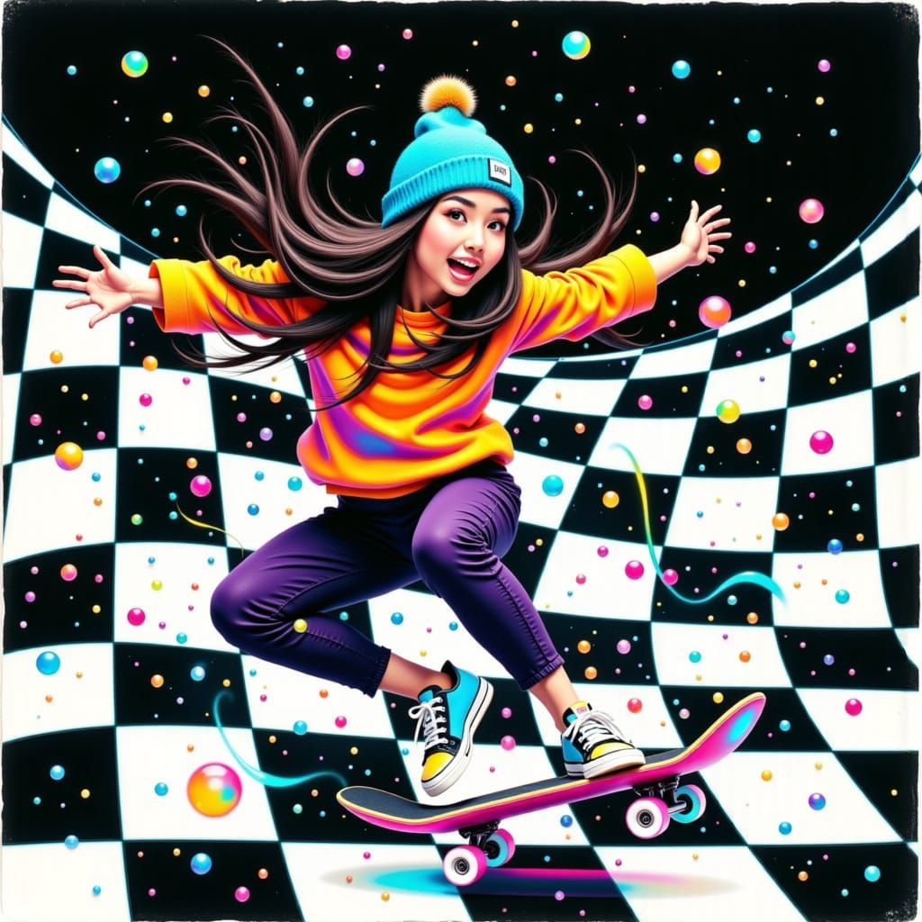 Skater in Neon Checkers, Retro-Futuristic Style