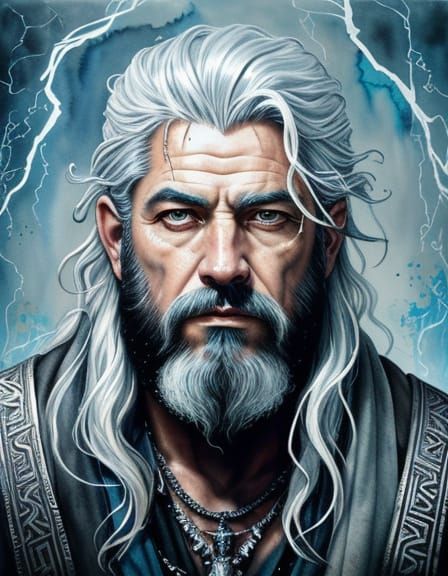 Zeus Portrait in Inked Watercolor Style