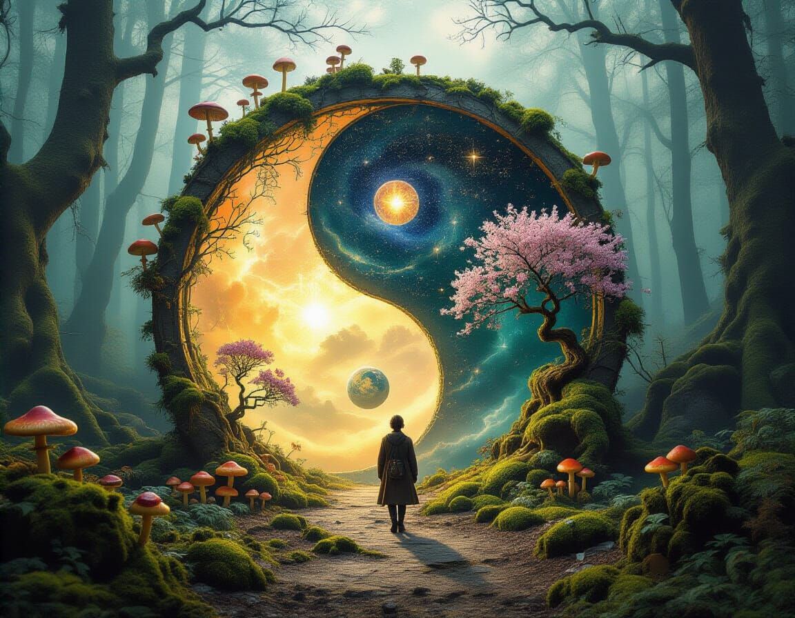 Surreal Cosmic Gateway in Enchanted Forest