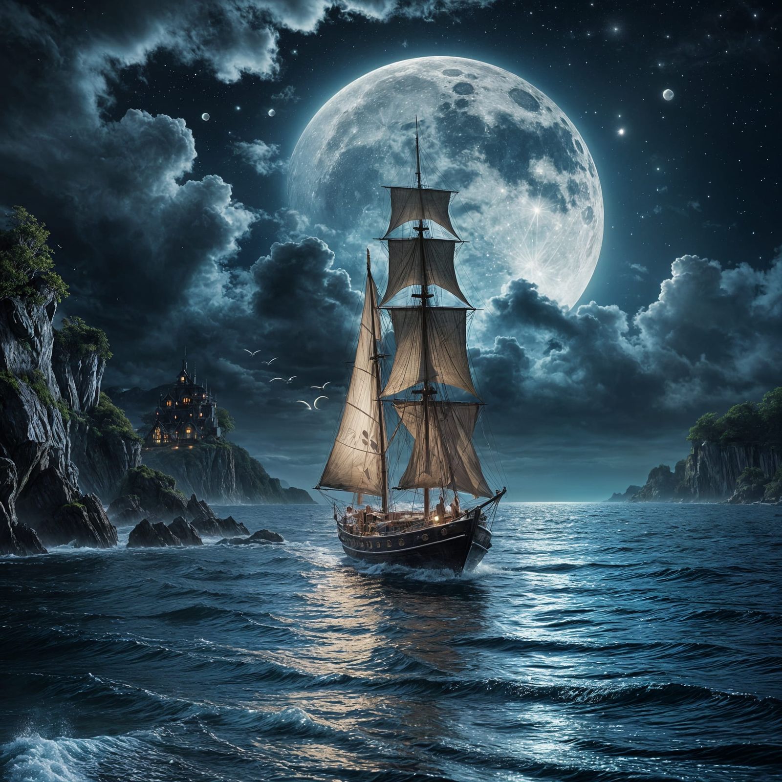 Moonlit Sailboat Fantasy Journey