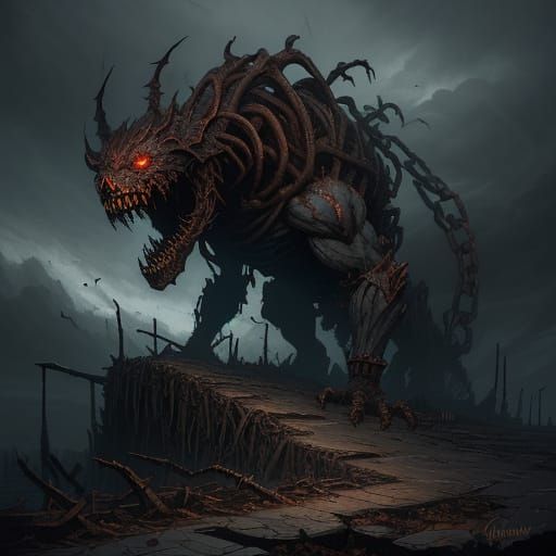 Twisted Rebar Beast in Ruined Cityscape