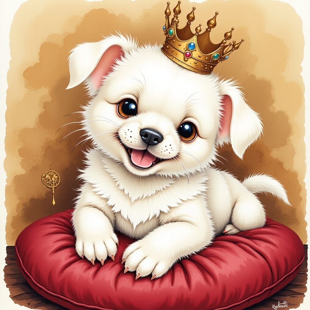 Fluffy White Dog in Crown on Velvet Cushion Watercolor Paint...