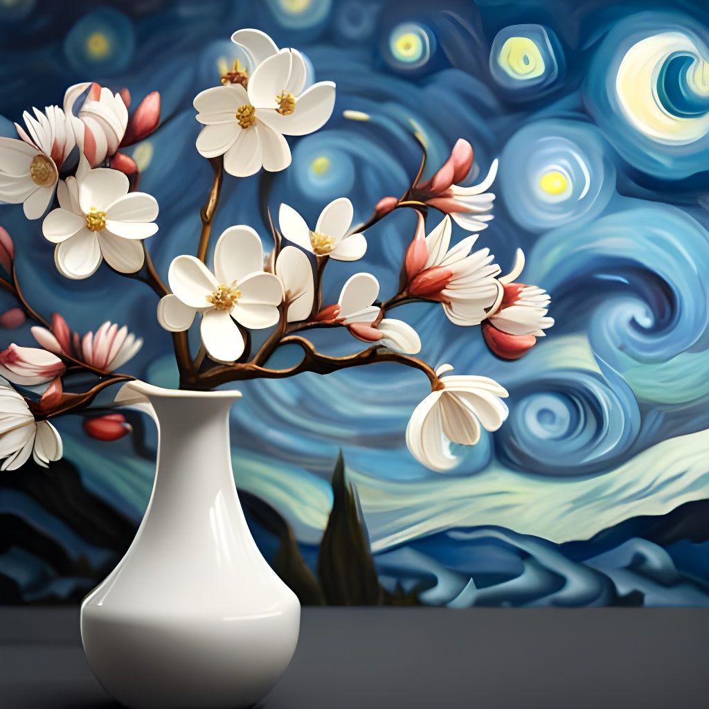 Cherry Blossoms Against Starry Night, Oil Painting