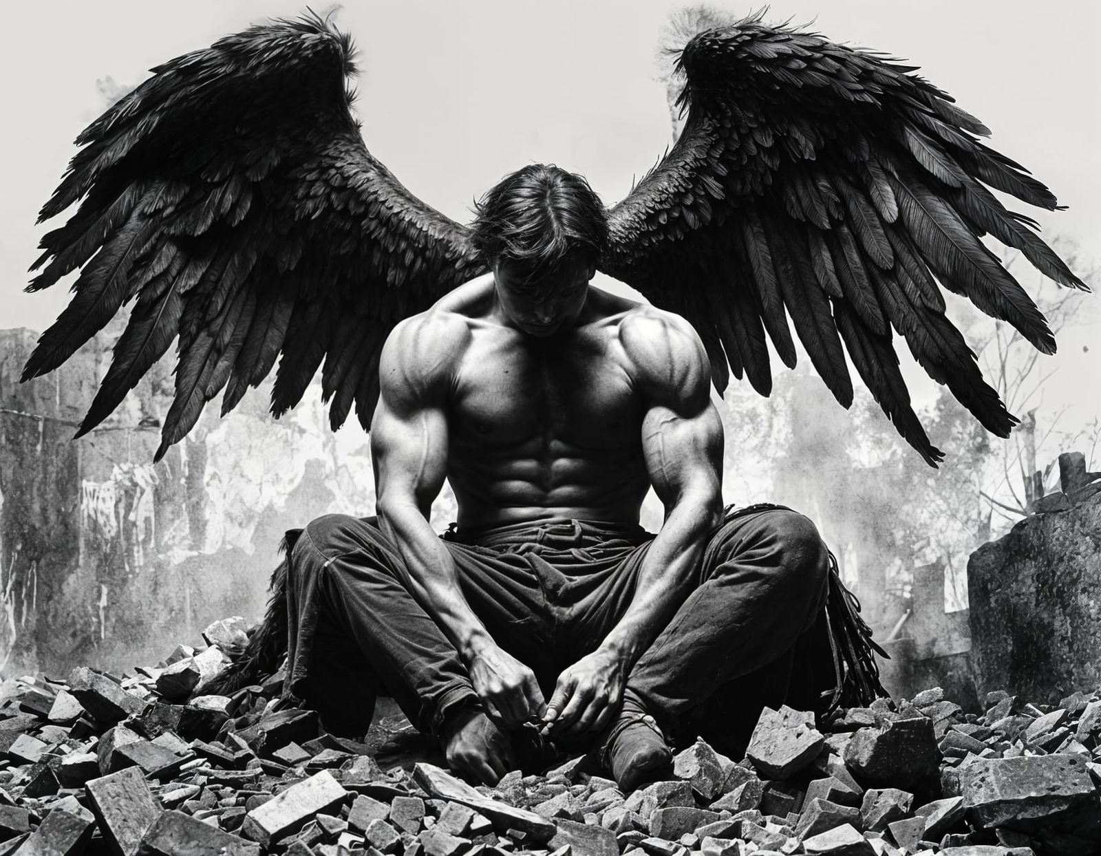 Fallen Angel Kneeling in Rubble: Charcoal Style