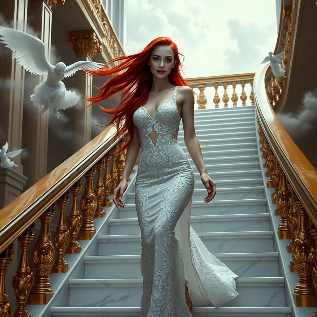 Ethereal Gothic Goddess Ascends Majestic Staircase