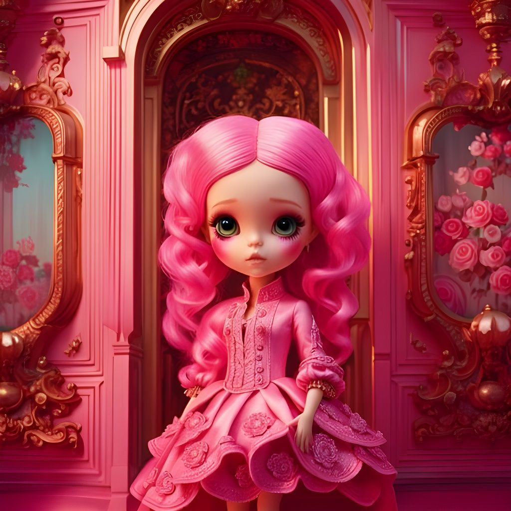 Pink-Haired Doll in Rococo Room: Hyperdetailed Photograph