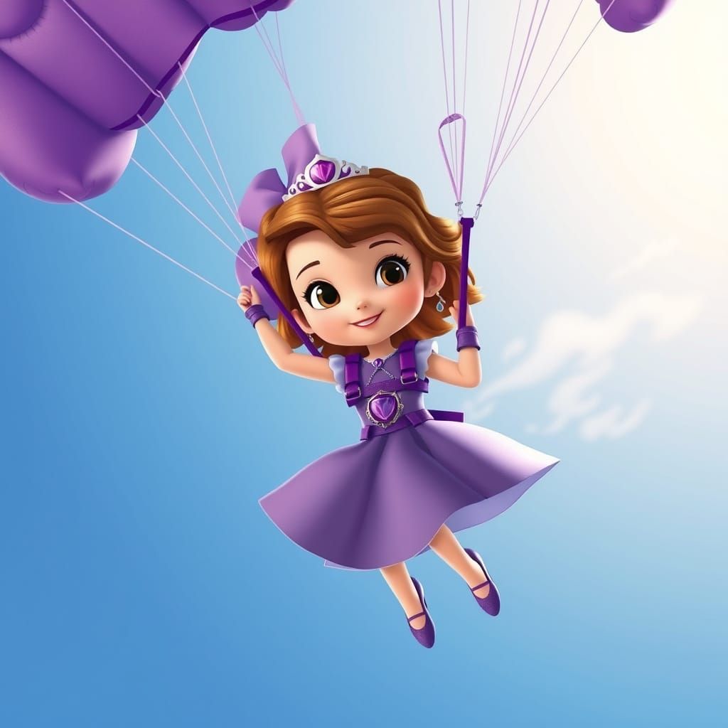 Princess Sofia Floats with Purple Parachute, Whimsical Style