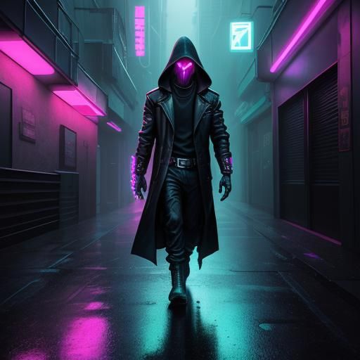 Cyberpunk Figure Draws Pistol in Neon Alleyway