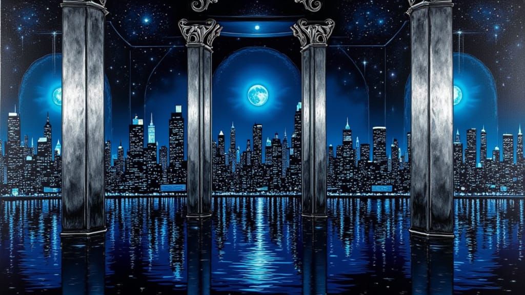 Dramatic Night Cityscape Canvas Print in Silver and Cyan