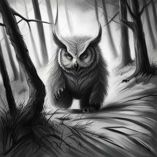 Owlbear in Forest: Detailed Charcoal Sketch