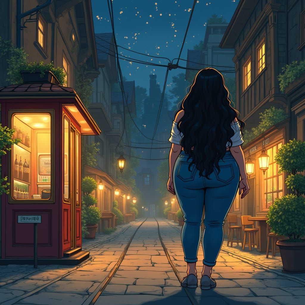 Steampunk Woman Waits for the Old Tram on a Cozy Street