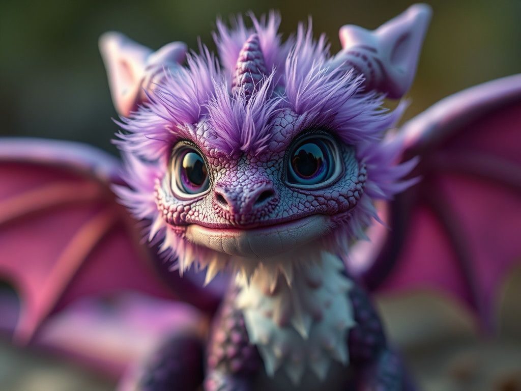 Adorable Purple Feathered Dragon with Soulful Eyes