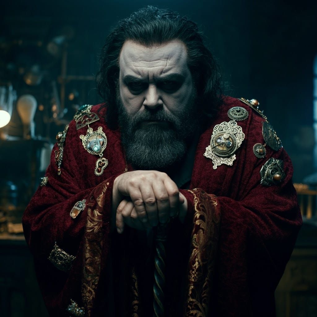 Greek Vampire in Byzantine Workshop, Cinematic Portrait