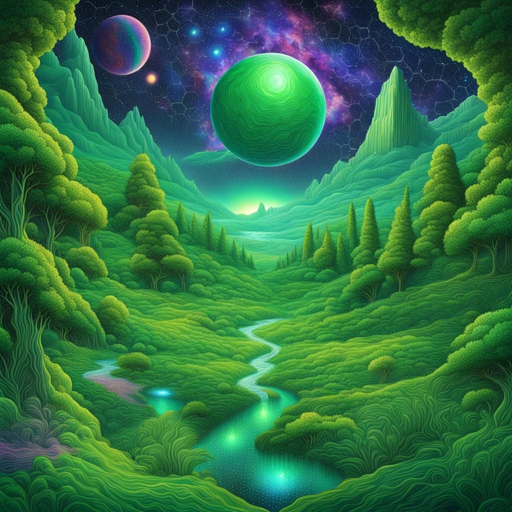 Psychedelic Green Landscape in Visionary Art Style