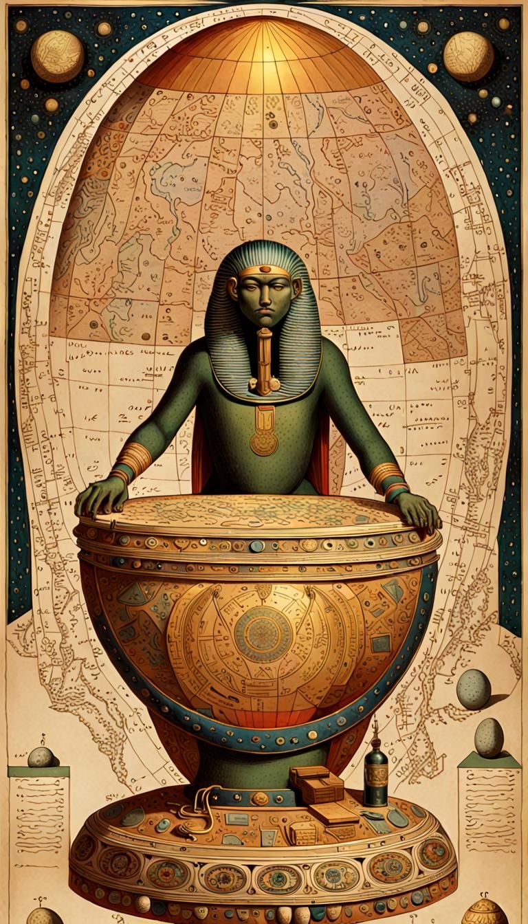 God Horus Gazing at Cosmos Maps in Vessel
