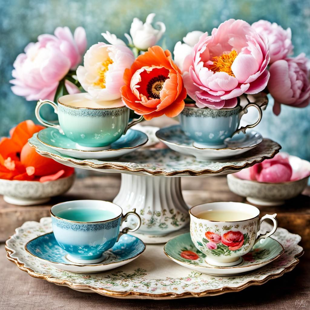 Vintage Elegance: Peonies and Tea Cups