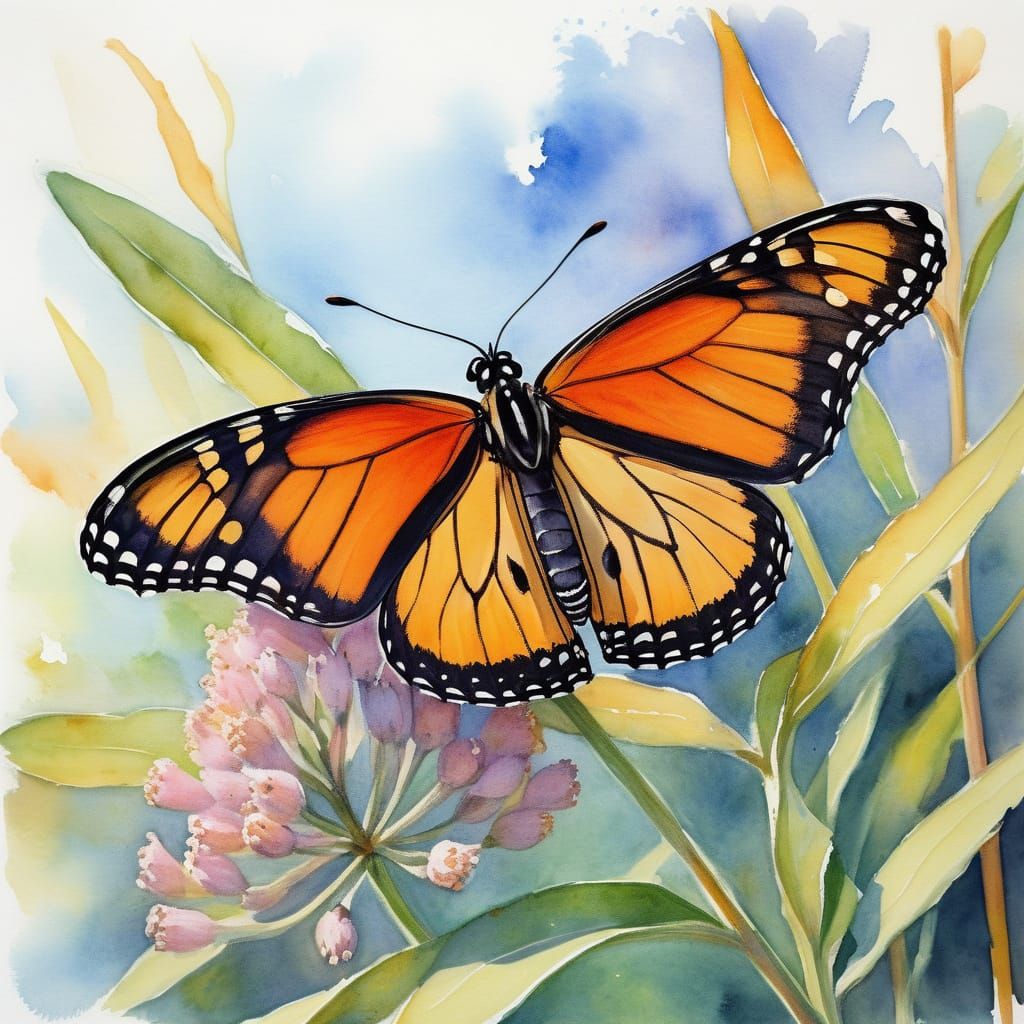 Vibrant Monarch Butterfly on Milkweed in Impressionist Style